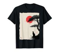 Giapponese Sumi-e Art Cat Silhouette e Rosso-Sole Maglietta