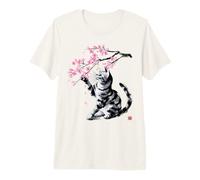 Giapponese Sumi-e Cat - Sakura Cherry Blossom Zen Art Maglietta Premium