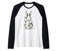 Giapponese Sumi-e Coniglio Maneki Neko Fortune Maglia con Maniche Raglan
