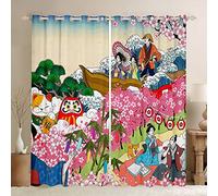 Giapponese Ukiyoe Tende da finestra Cherry Blossom Sakura Flower Curtain per camera da letto Soggiorno Kawaii Gatto fortunato oscuramento Tende esotico Hokusai Wave Trattamenti finestra W52* L63