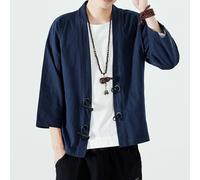 Giapponese Uomo Lino Kimono Giacca Larga Cardigan Maglia Corno Fibbia