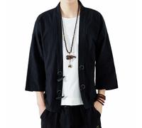 Giapponese Uomo Lino Kimono Giacca Loose Cardigan Corno Fibbia Blu Navy Nuovo