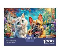 Giardino Arcobaleno Puzzle da Assemblare Carta Riciclata Gatto e Bulldog Francese in una Città Decorativo Regalo per Bambini 70x50cm/1000pezzi