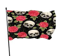 Giardino Bandiera 90x150cm, Skull And Flower Vintage Skeleton Bone Head Red Flower Leaves Bandiera Della Brezza Rinforzata Striscione All'Aperto, Per Balcone, All'Aperto Al Coperto, Feste Strada