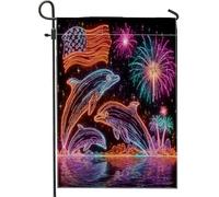 Giardino Bandiera Dolphin Neon Fireworks Usa Flag Bandiera In Poliestere Prova Di Sbiadimento Striscione All'Aperto, Per Feste Strada, Eventi, Feste Estive, 30x45cm