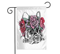 Giardino Bandiera French Sad Bulldog Flower Head Graphic White Wreath Animals Design Wildlife Beauty Fashion Lying Prova Di Sbiadimento Stagione Bandiera, Per Giardino, Balcone, 30x45cm