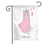 Giardino Bandiera Funny Happy Smiling Fun Pink Uni-Corn Horned Llama Alpaca Pet Animals Wildlife Smile Fluffy Colori Vivaci Bandiera Di Benvenuto, Per Feste Strada, Giardino, 30x45cm