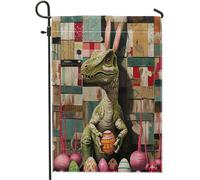 Giardino Bandiera Happy Easter Dinosaurs Farmhouse Eggs Wood Funky Militare Tessuto Da Esterno Striscione All'Aperto, Per All'Aperto Al Coperto, Balcone, Feste Strada, 30x45cm