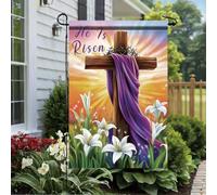 Giardino Bandiera He Is Risen Easter Christianty Lily Militare Tessuto Da Esterno Striscione All'Aperto, Per Celebrazioni, Feste Estive, Eventi, 30x45cm