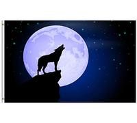 Giardino Bandiera Howling Wolf Animal In Moon Night Bandiera Militare Colori Vivaci Tessuto Da Esterno Striscione All'Aperto, Per Celebrazioni, Feste Strada, All'Aperto Al Coperto, 90x150cm