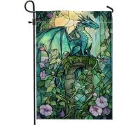Giardino Bandiera Mythical Dragon Stained Glass Teal Blue Bandiera In Poliestere Tessuto Da Esterno Striscione All'Aperto, Per Feste Estive, Giardino, All'Aperto Al Coperto, 30x45cm