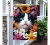 Giardino Bandiera Spring Cat Black And White Kitten With Colorful Flowers Della Brezza Decorazione Striscione All'Aperto, Per Balcone, Feste Strada, Feste Estive, 30x45cm