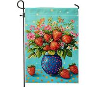 Giardino Bandiera Summer Strawberry Flower Blue Berry Vase Flowers Bandiera In Poliestere Resistente Alle Intemperie Striscione All'Aperto, Per Celebrazioni, Feste Strada, Feste Estive, 30x45cm
