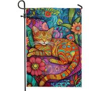 Giardino Bandiera Vibrant Cat Colorful Fanciful Cat Flower Bandiera In Poliestere Prova Di Sbiadimento Striscione All'Aperto, Per Eventi, Celebrazioni, Feste Estive, 30x45cm