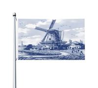 Giardino Bandiera Vintage Blue Nederland Dutch Windmill Delft Bandiera Di Benvenuto Prova Di Sbiadimento Rinforzata Striscione All'Aperto, Per Feste Estive, Eventi, Feste Strada, 90x150cm