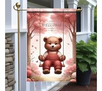 Giardino Bandiera Welcome Cute Bear Swing Design Pink Cherry Trees Flower Pirata Colori Vivaci Striscione All'Aperto, Per All'Aperto Al Coperto, Balcone, Celebrazioni, 30x45cm