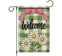 Giardino Bandiera Welcome Green Plaid Background With Pink Bow And Flowers Stagione Decorazione Striscione All'Aperto, Per Balcone, All'Aperto Al Coperto, Feste Strada, 30x45cm