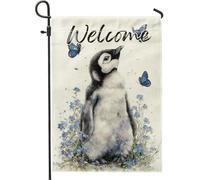 Giardino Bandiera Welcome Penguin Cute Baby Penguin With Blue Flowers And Butterflies Bandiera In Poliestere Prova Di Sbiadimento Striscione All'Aperto, Per Eventi, Feste Strada, 30x45cm