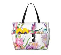 Giardino con uccelli e fiori Stampa Spiaggia Borsa da viaggio Smart Pocket Tote Estate Vacanza Escursionismo Campeggio Attività