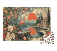 Giardino, fenicottero|Sole arancione all'alba| Puzzle Divertenti Per Tutta La Famiglia 1000pcs (75x50cm) Adulti