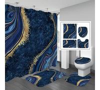 Gibelle Set di 4 tende da doccia in marmo di lusso con tappeti antiscivolo, copriwater e tappetino da bagno, lamina d'oro blu navy, set decorativo per il bagno con tenda da doccia, tappeti e accessori