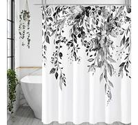 Gibelle Tenda da doccia in eucalipto bianco e nero, foglie di piante ad acquerello grigie con motivo floreale, set con ganci, 182 x 183 cm