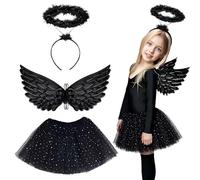 Gibocot Set di 3 costumi da angelo caduto, con gonna tutù nera, ali d'angelo scure e aureola, costume per Halloween, per bambini da 3 a 8 anni, dolcetto o scherzetto, cosplay, carnevale, presepe