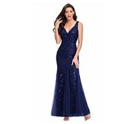 GIBZ Abito da Cerimonia a Sirena Glitter Donna Vestiti della Sera Lungo Eleganti Tubini con Scollo a V Lusso con Paillettes, Blu Navy, XL