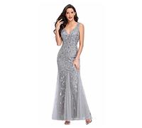 GIBZ Abito da Cerimonia a Sirena Glitter Donna Vestiti della Sera Lungo Eleganti Tubini con Scollo a V Lusso con Paillettes, Argento, M