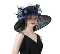GIBZ Cappelli da Fascinator Floreali in Pizzo da Donna a Tesa Larga Elegante Anni '20 Cappello da Sole per Matrimonio Chiesa, Blu Navy