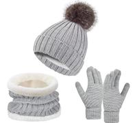 GIBZ Cappello Caldo Sciarpa Invernale Guanti Touch Screen in Pile Berretto a Maglia con Pompon Set Regalo 3 Pezzi per Donna Uomo Grigio