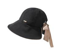 GIBZ Cappello da Sole da Donna con Foro per Coda di Cavallo Elegante Bucket Hat con Fiocco Tesa Larga Protezione UV per Estivo, Nero