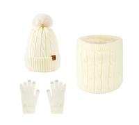 GIBZ Cappello Donna Caldo Sciarpa Invernale Guanti Touch Screen in Pile Berretto a Maglia con Pompon Set 3 Pezzi Bianco