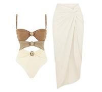 GIBZ Costume da Bagno Moda con Copricostume Intero con Controllo della Pancia e Set Pareo per Vacanze Mare, Beige, S
