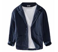 GIBZ Giacca da Uomo in Lino Primavera Estate Giacche da Abito Semplice Versatile e Ampia con Risvolto Dentellato Cappotto Blazer Sportivo a 2 Bottoni con Tasca Navy Blu M