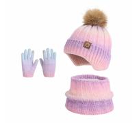 GIBZ Graziosi Cappello Guanti e Sciarpe Set per Bambini, Berretto con Pompon e Paraorecchie, Scaldacollo Colorato in Caldo Pile, Viola