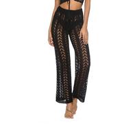 GIBZ Pantaloni da Spiaggia da Donna Pantaloni Copricostume a Vita Alta con Elasticizzati Coulisse Lavorati all'Uncinetto, Nero, M