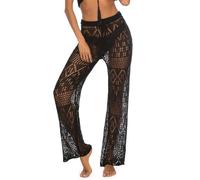 GIBZ Pantaloni da Spiaggia Trasparenti da Donna Pantaloni Copricostume a Vita Alta con Elasticizzati Coulisse Lavorati all'Uncinetto, Nero, XL