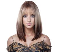 GIBZ Parrucca Lungo Fino Alle Spalle Parrucche con Frangia Effetto Ombré Liscia per Donne Partito Capelli Sintetici Quotidiane Marrone 35cm