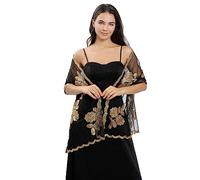 GIBZ Scialle Donna con Paillettes Floreale Stola Leggera Sciarpe Eleganti Glitterate di Lusso per Cerimonia Sposa Festa, Oro Nero