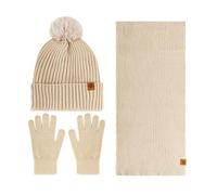 GIBZ Sciarpa Cappello e Guanti Invernale per Donna Uomo Guanti Touch Screen Caldo in Pile Berretto a Maglia con Pompon Set 3 Pezzi Beige