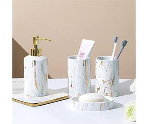 GIBZ Set di Accessori da Bagno in Ceramica da 4 pezzi in Stile Moderno Set di Accessori da Appoggio di Lusso Portasapone, Portaspazzolino, Dispenser di Sapone, Bicchiere da Bagno Bianco