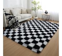 GIBZ Tappeto Scacchi Rettangolare Pelo Lungo Tappeti Scacchiera Salotto Antiscivolo per Camera da Letto e Soggiorno Moderno Morbido Lavabile Nero 50x200cm