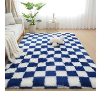 GIBZ Tappeto Scacchi Rettangolare Pelo Lungo Tappeti Scacchiera Salotto Antiscivolo per Camera da Letto e Soggiorno Moderno Morbido Lavabile Blu 50x200cm