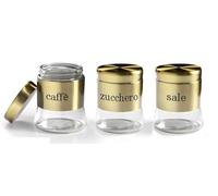 GICOS IMPORT EXPORT SRL Set 3 contenitori Tris barattoli barattolini Cucina in Vetro e Acciaio Colore Oro 11 * 14 cm 750 ml Sale-Zucchero-caffè OYO-783111