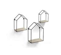 GICOS SRL Set 3 mensole bacheca in Metallo Nero Forma casetta con Ripiani in Legno Shabby Chic 20 * 10 * 30/25 * 15 * 36/30 * 20 * 43 cm SPQ-751684