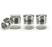 GICOS SRL Set 3 contenitori barattoli barattolini Tris Cucina in Vetro Colore Acciaio 9 * 10 cm 400 ml Sale-Zucchero-caffè OYO-816604
