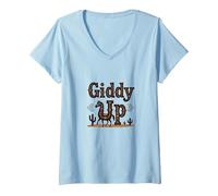 Giddy Up Western Horse Desert Cactus Cowboy, Ragazza di Mucca Maglietta con Collo a V, Donna, Celeste, S