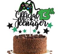 Gidobo Topper per torta ufficiale per il 13° compleanno per ragazzi, verde glitterato videogioco, con controller per tredici anni, forniture per feste di compleanno
