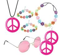 GIEEU Set di Accessori Hippie Costume,7 Pezzi Anni 60 Anni 70 Hippie Accessorio,Collana e Orecchini con Segno di Pace,Cerchietto e Braccialetto di Fiori,Occhiali da Sole